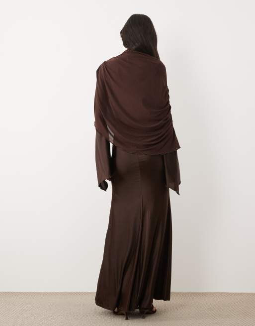 JW PEI - Exclusives - Hoogsluitende maxi jurk van mesh met sjaaldetail in chocoladebruin, 4 van 4