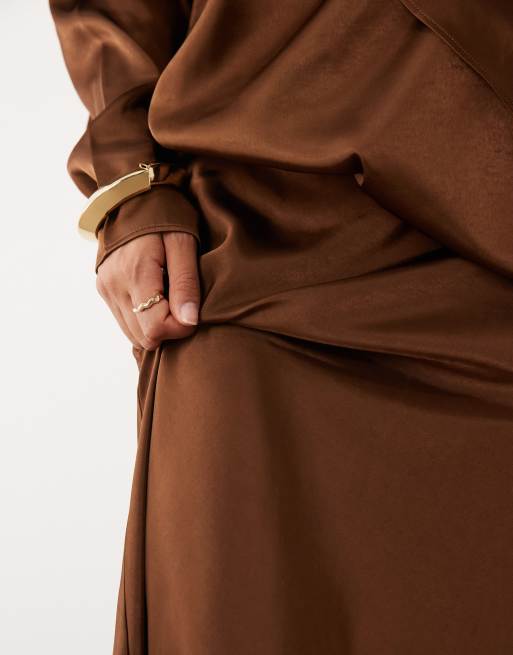 JW PEI - Exclusivité - Jupe nuisette d'ensemble longue en tissu satiné - Chocolat, 4 de 5
