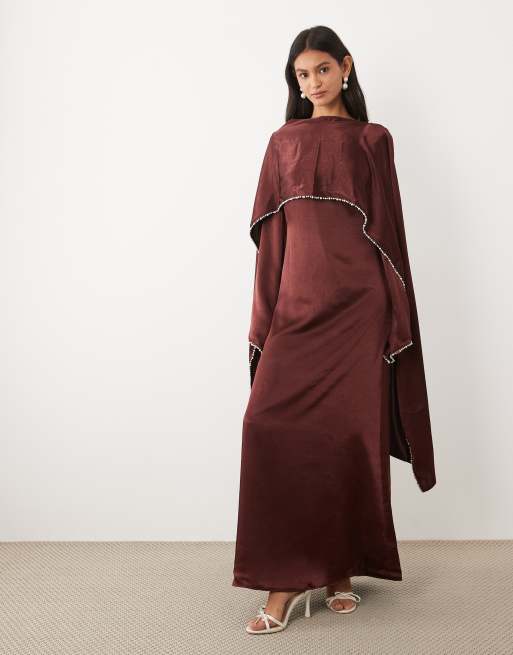 JW PEI - Exclusivité - Robe longue en satin à manches cape bordées de perles - Bordeaux, 2 de 4