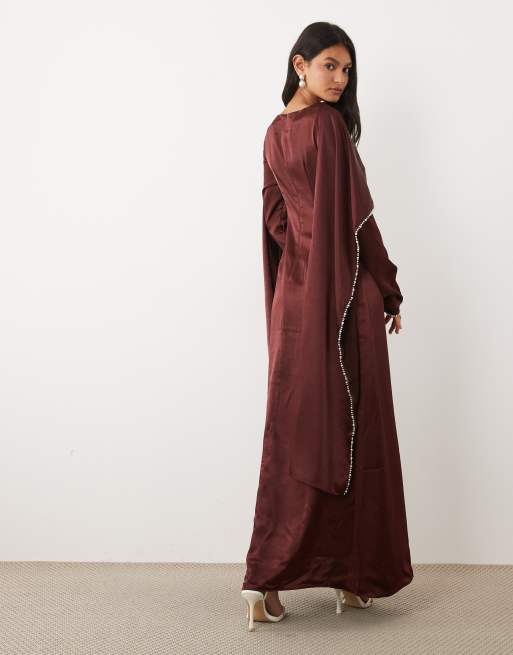 JW PEI - Exclusivité - Robe longue en satin à manches cape bordées de perles - Bordeaux, 4 de 4