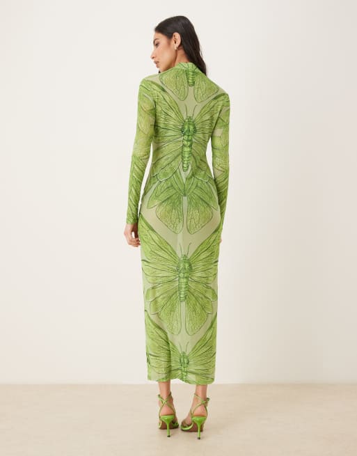 JW PEI - Grøn langærmet midaxikjole i transparent mesh med sommerfugleprint, 3 af 4