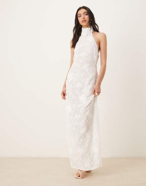 JW PEI halter neck corsage detail low back embroidered floral maxi dress in white  - view 1