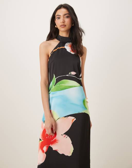 JW PEI halter neck satin maxi dress in black and pink multi floral , 4 of 4