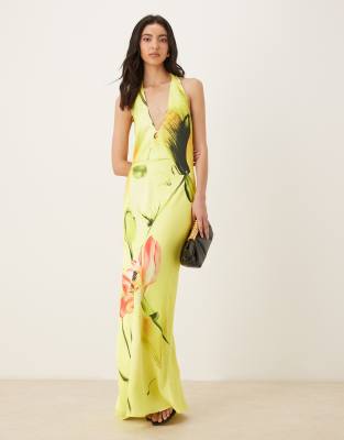 Jw Pei Halterneck Tie Detail Plunge Neck Satin Maxi Dress In Green