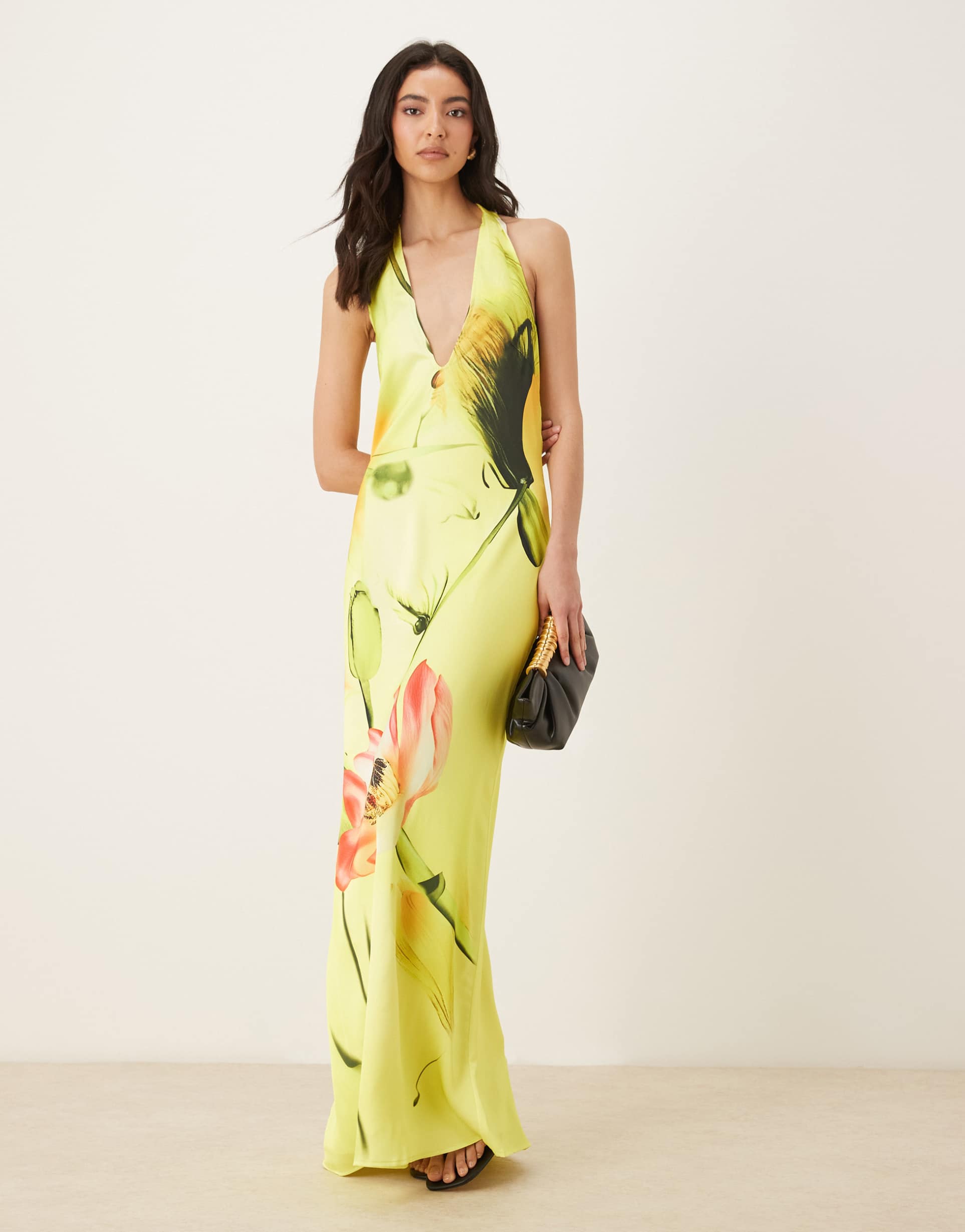 jw pei halterneck tie detail plunge neck satin maxi dress in yellow multi floral