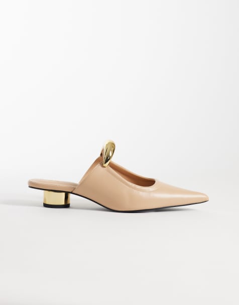 JW PEI Helena mules with gold metal detail in khaki - view 1