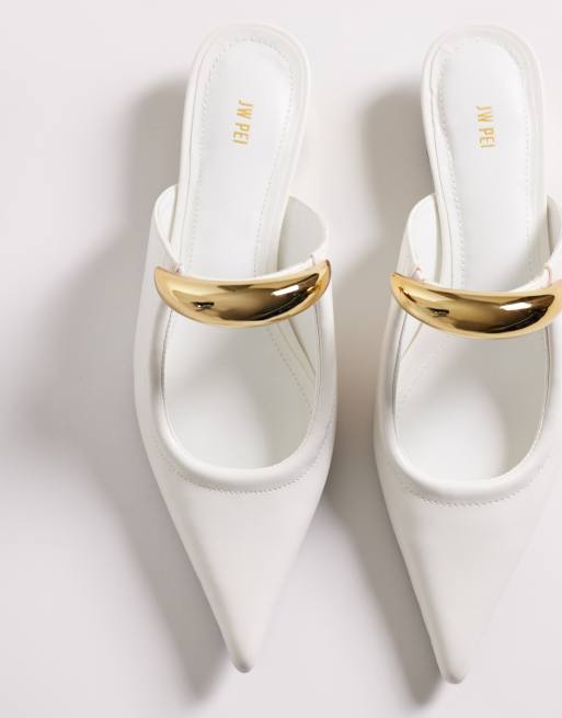 JW PEI Helena mules with gold metal detail in white, 2 of 4