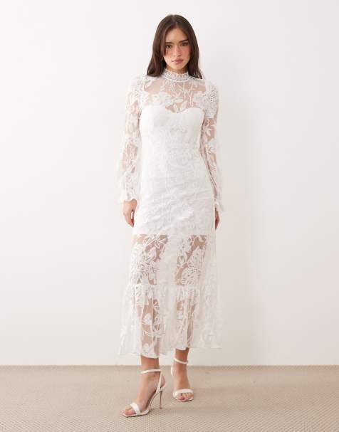 JW PEI high neck lace long sleeve maxi dress in white