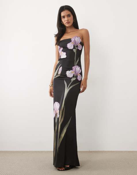 JW PEI Iris 3D floral structured bandeau maxi dress in black - view 1