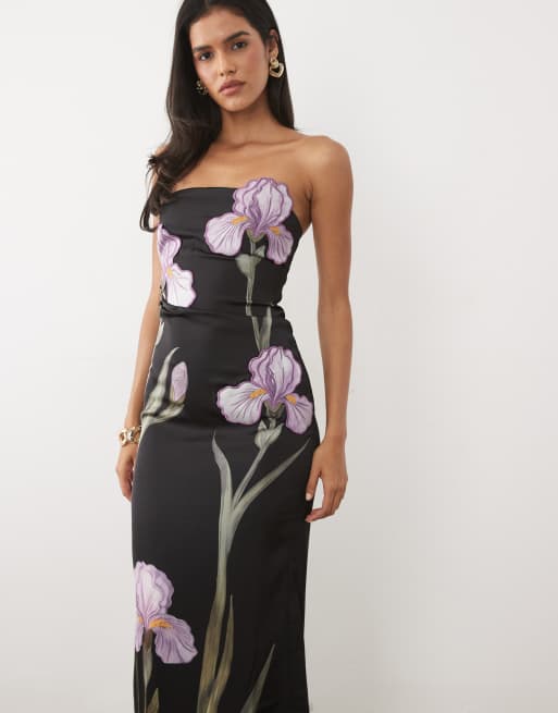 JW PEI Iris 3D floral structured bandeau maxi dress in black, 2 of 4