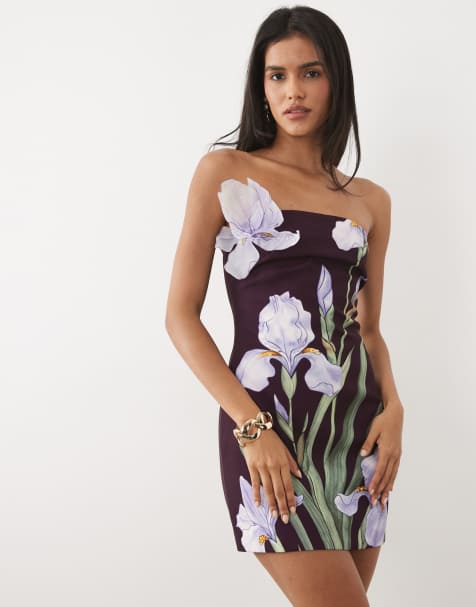 JW PEI Iris 3D floral structured bandeau mini dress in plum - view 1