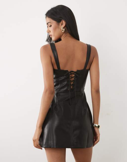 JW PEI Iris faux leather corset detail 3D floral mini dress in black