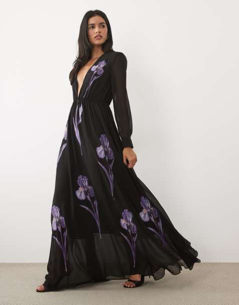 JW PEI - Iris - Vestido largo negro escotado de manga larga con aplicación floral - view 1