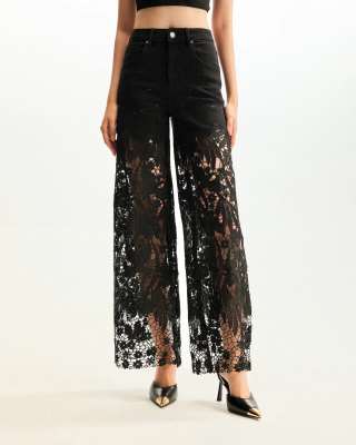 Jw Pei Lace And Crystal Embellished Straight Leg Jeans In Black