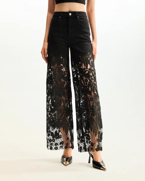 JW PEI lace and crystal embellished straight leg jeans in black - view 1