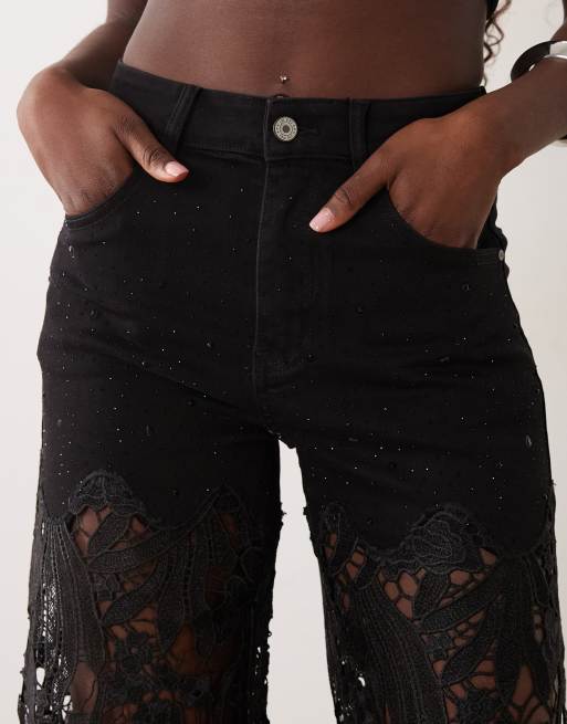 JW PEI lace and crystal embellished straight leg jeans in black, 4 of 5