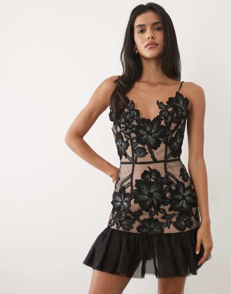 JW PEI lace floral v-neck ruffle hem cami mini dress in black - view 1