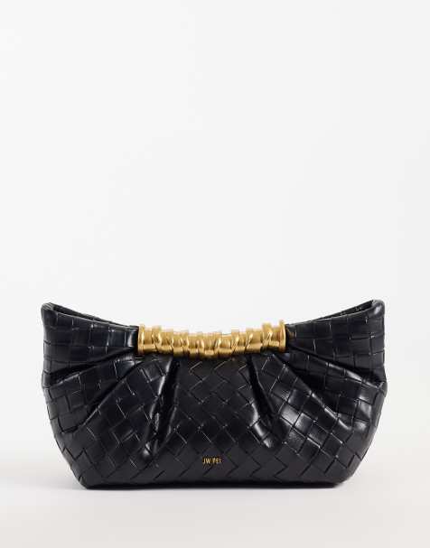 JW PEI Leia fan clutch bag in black woven emboss - view 1