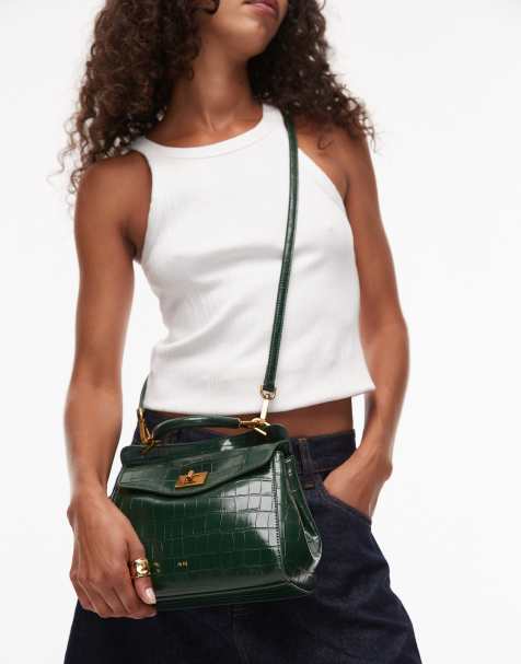 JW PEI Lucia classic top handle bag with crossbody strap in dark green croc - view 1