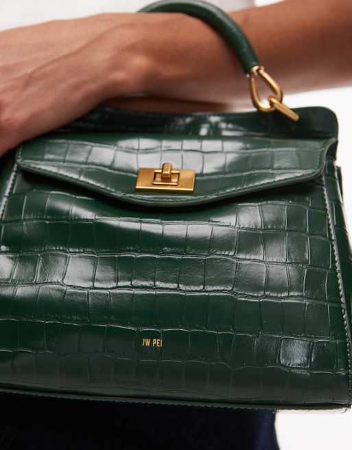 JW PEI Lucia classic top handle bag with crossbody strap in dark green croc, 2 of 4