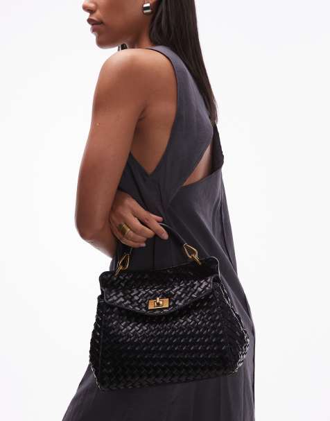 JW PEI Lucia top handle woven bag with crossbody strap in black - view 1
