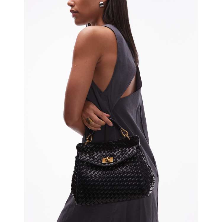 JW PEI Lucia top handle woven bag with crossbody strap in black | ASOS