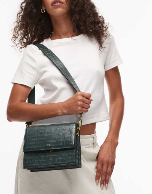 JW PEI – Mała zielona torebka crossbody z klapką i motywem skóry krokodyla