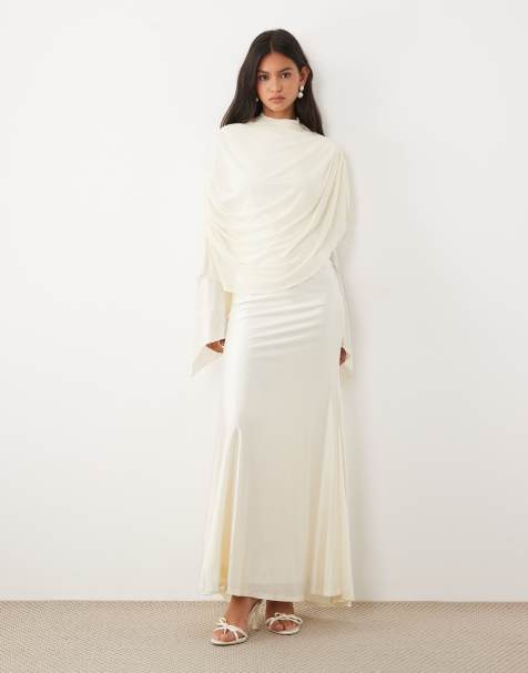 JW Pei mesh high neck shawl detail maxi dress in cream - view 1