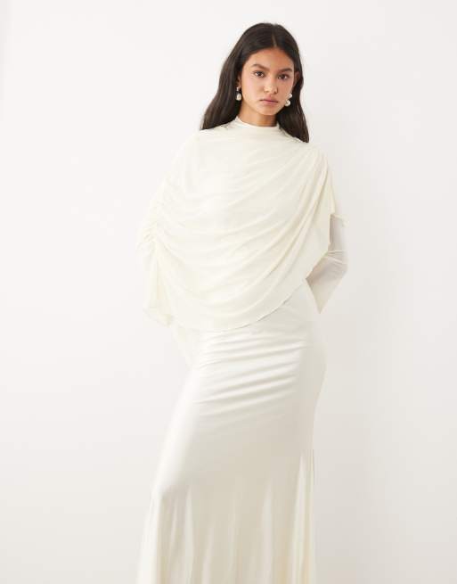 JW PEI mesh high neck shawl detail maxi dress in cream, 2 of 4
