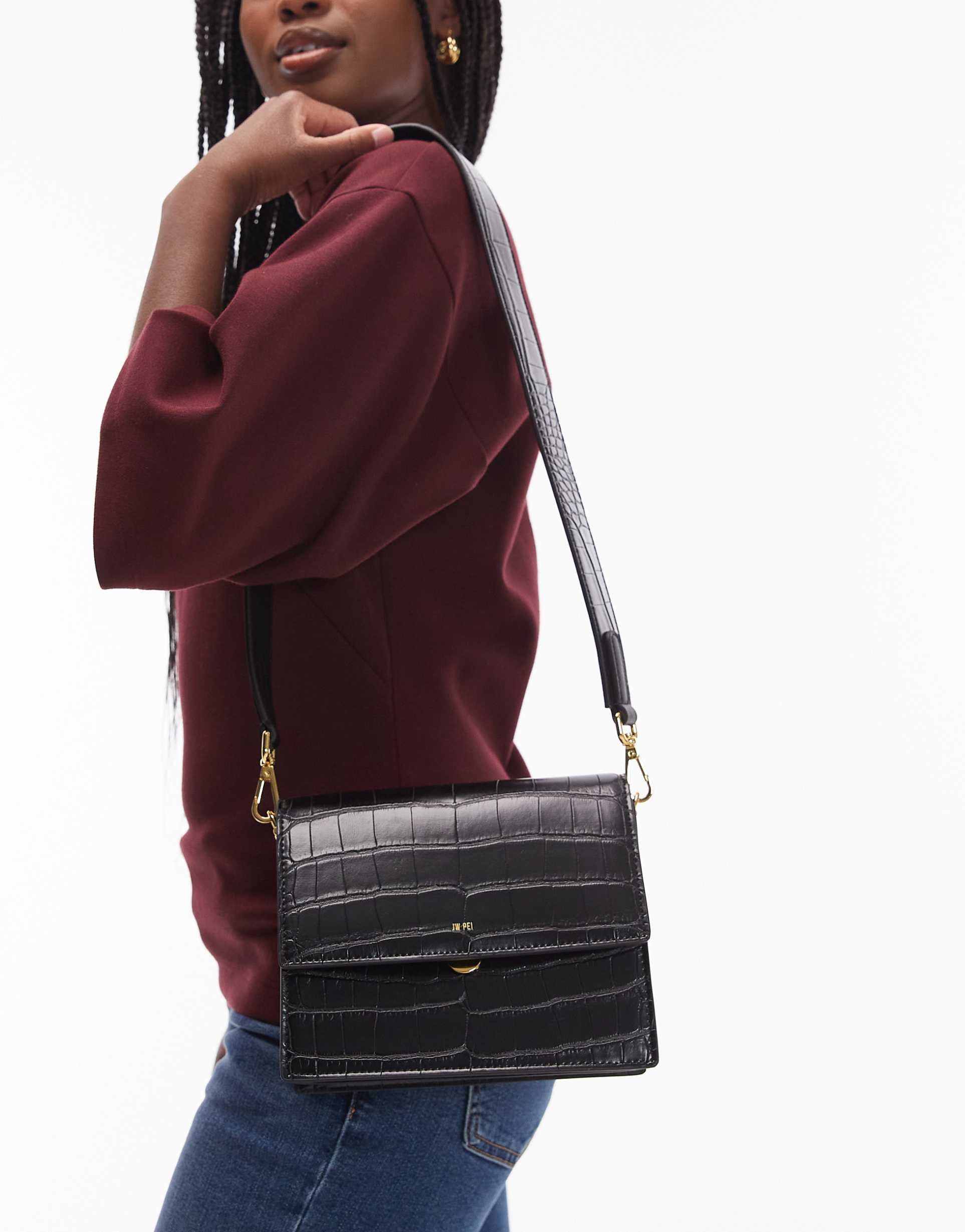 jw pei mini flap crossbody bag in black croc