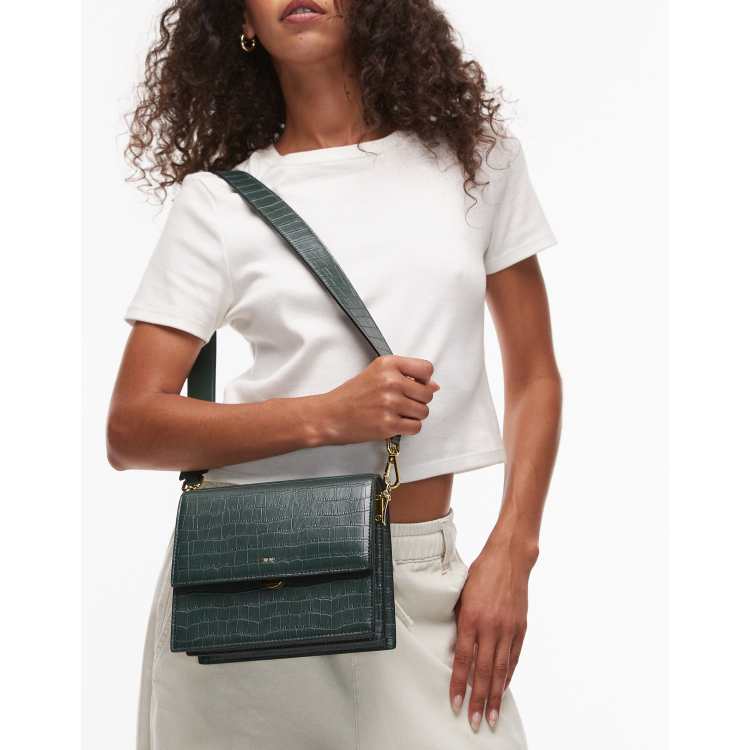 JW PEI mini flap crossbody bag in green croc | ASOS