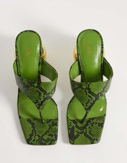 JW PEI Naomi snake print heeled flip flops in green, 3 of 4