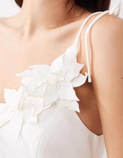 JW PEI - Robe courte à encolure carrée avec épaules nouées et fleurs appliquées en relief - Blanc, 3 de 4