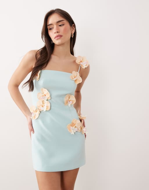 JW PEI - Robe courte ajustée à encolure carrée et orchidées appliquées - Turquoise pâle, 2 de 4