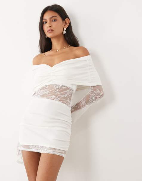 JW PEI robe courte de mariée en maille mélangée laine, drapée, à épaules dénudées, avec empiècement dentelle, blanche - view 1