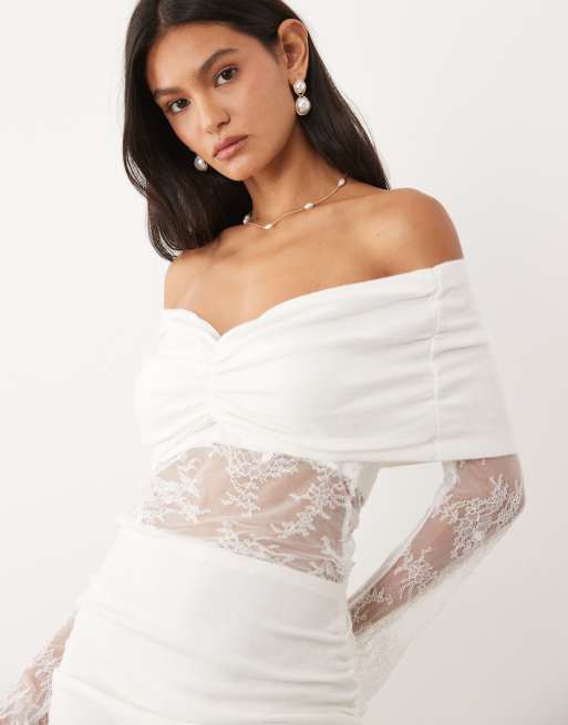 JW PEI - Robe de mariée courte en maille drapée avec épaules dénudées et empiècement en dentelle - Blanc, 4 de 4