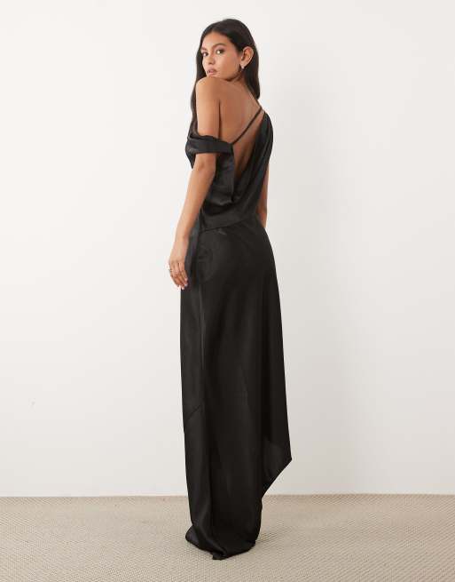 JW PEI - Robe longue asymétrique en tissu satiné effet drapé - Noir , 4 de 4