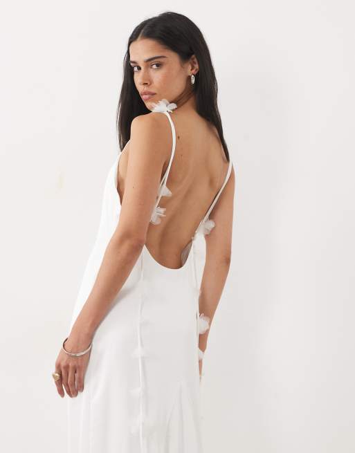 JW PEI - Robe longue d'ensemble de mariée à fleurs en satin avec détail drapé et dos échancré - Blanc, 3 de 4