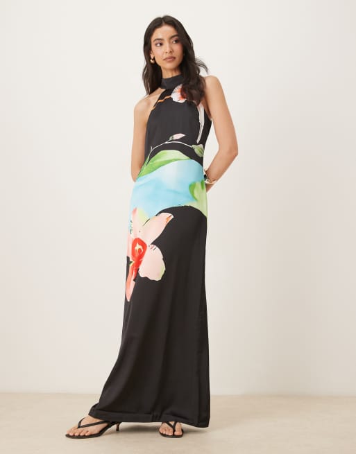 JW PEI - Robe longue dos nu en satin à fleurs - Noir et rose multicolore