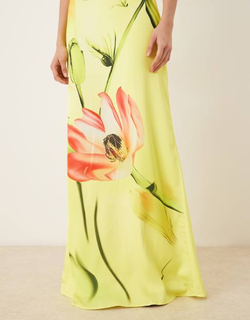 JW PEI - Robe longue dos nu en satin à imprimé fleuri et décolleté plongeant à nouer - Jaune multicolore, 2 de 4