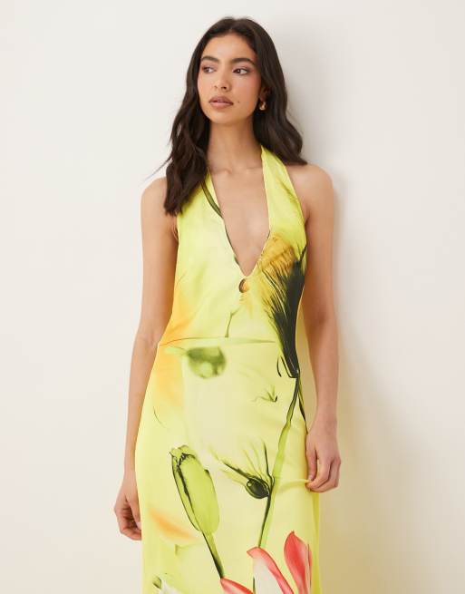 JW PEI - Robe longue dos nu en satin à imprimé fleuri et décolleté plongeant à nouer - Jaune multicolore, 4 de 4