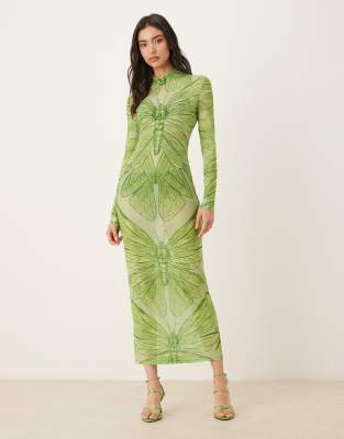 Robe longueur mollet en tulle transparent à imprimé papillons et manches longues - Vert 38