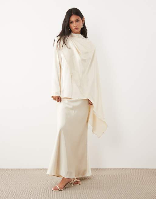 JW PEI satin asymmetric draped cape detail high neck top co-ord in cream, 2 of 4