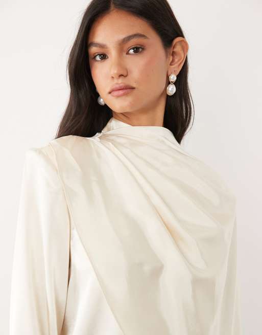 JW PEI satin asymmetric draped cape detail high neck top co-ord in cream, 3 of 4