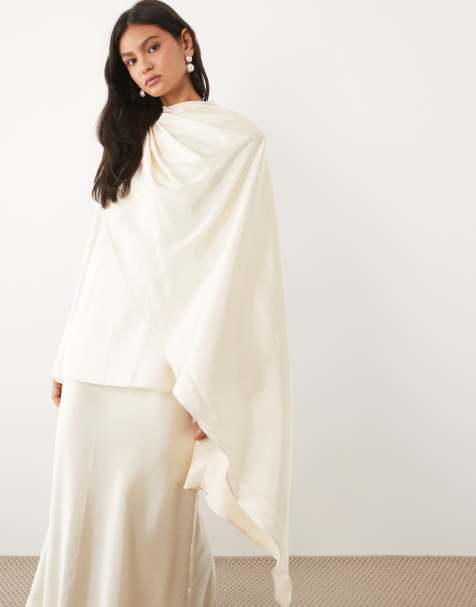 JW PEI satin asymmetric draped cape detail high neck top in cream - part of a set - view 1