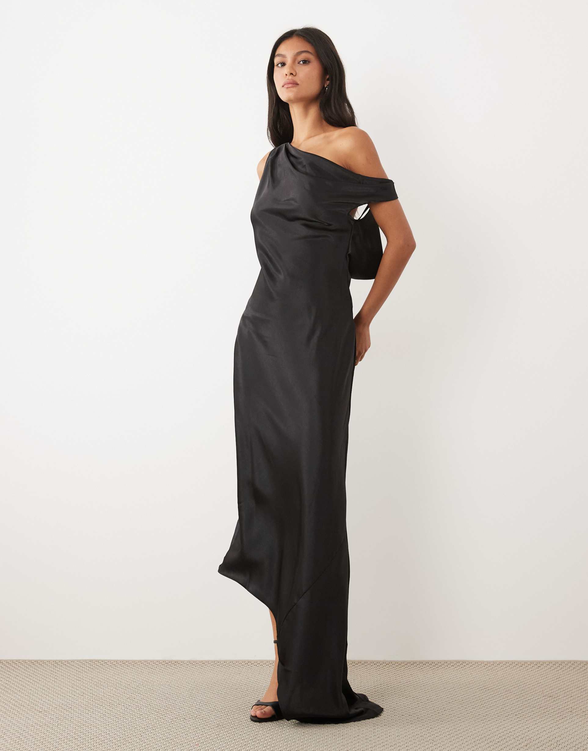 jw pei satin draped one-shoulder asymmetric satin maxi dress in black