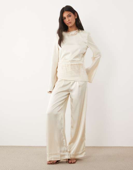 JW PEI satin draped waist bell sleeve top co-ord in cream, 2 of 4