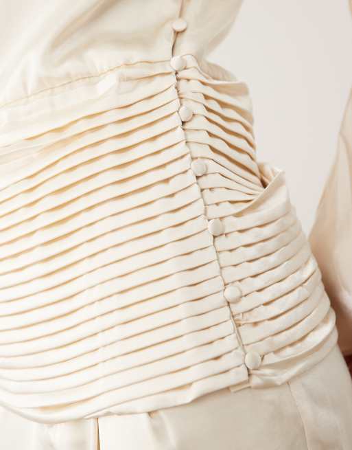 JW PEI satin draped waist bell sleeve top co-ord in cream, 3 of 4