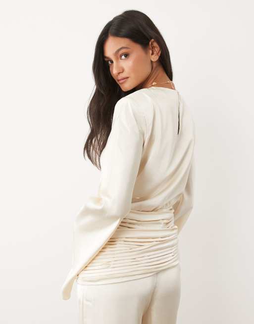 JW PEI satin draped waist bell sleeve top co-ord in cream, 4 of 4