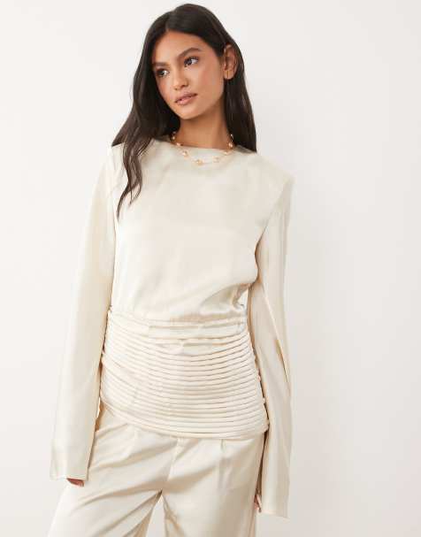 JW PEI satin draped waist bell sleeve top in cream - part of a set - view 1